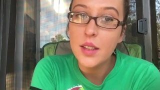 Sexy Nerdy Brunette Girl Smoking Outside in Glasses with Hair up TMNT Shirt